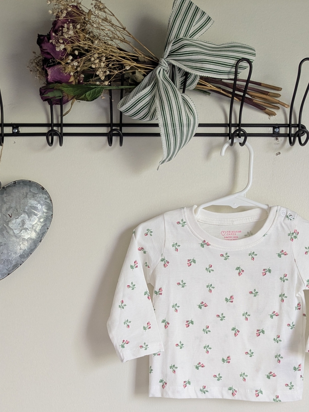Primark White Long Sleeve Tee with Pink & Green Floral Print